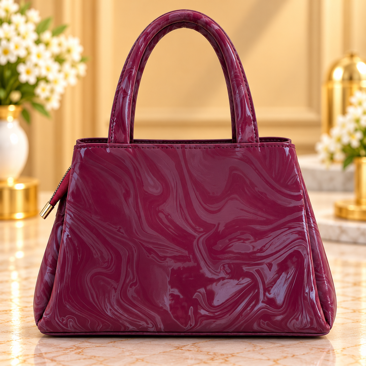 Burgundy Marbled Handbag for Women with Long Strap