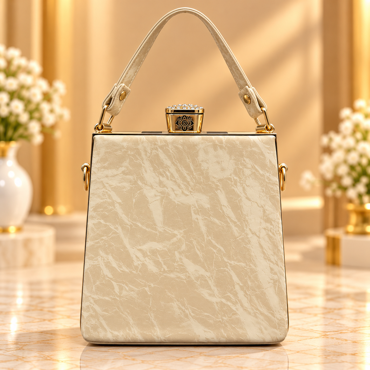 Pearl White Quilted Handbag for Women with Gold Chain Strap