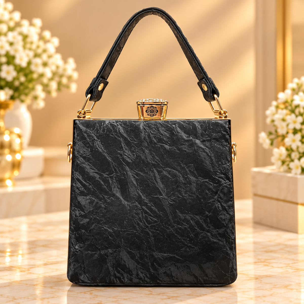 Luxury Black Padded Handbag with Gold-Tone Hardware