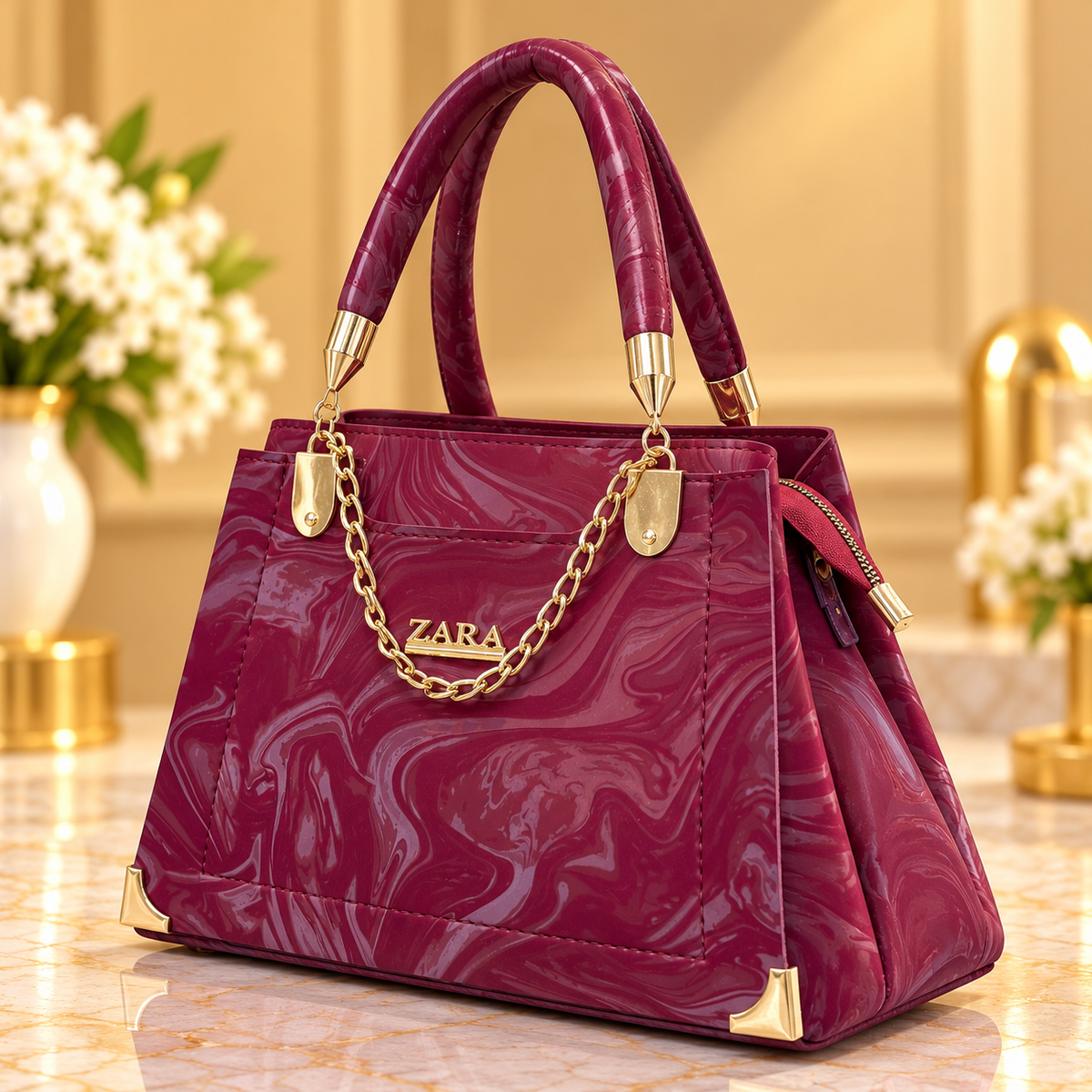 Burgundy Marbled Handbag for Women with Long Strap