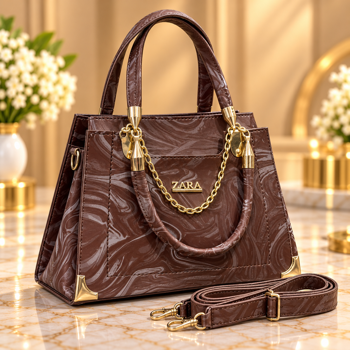 Premium Brown Marbled Handbag – Elegant Everyday Style