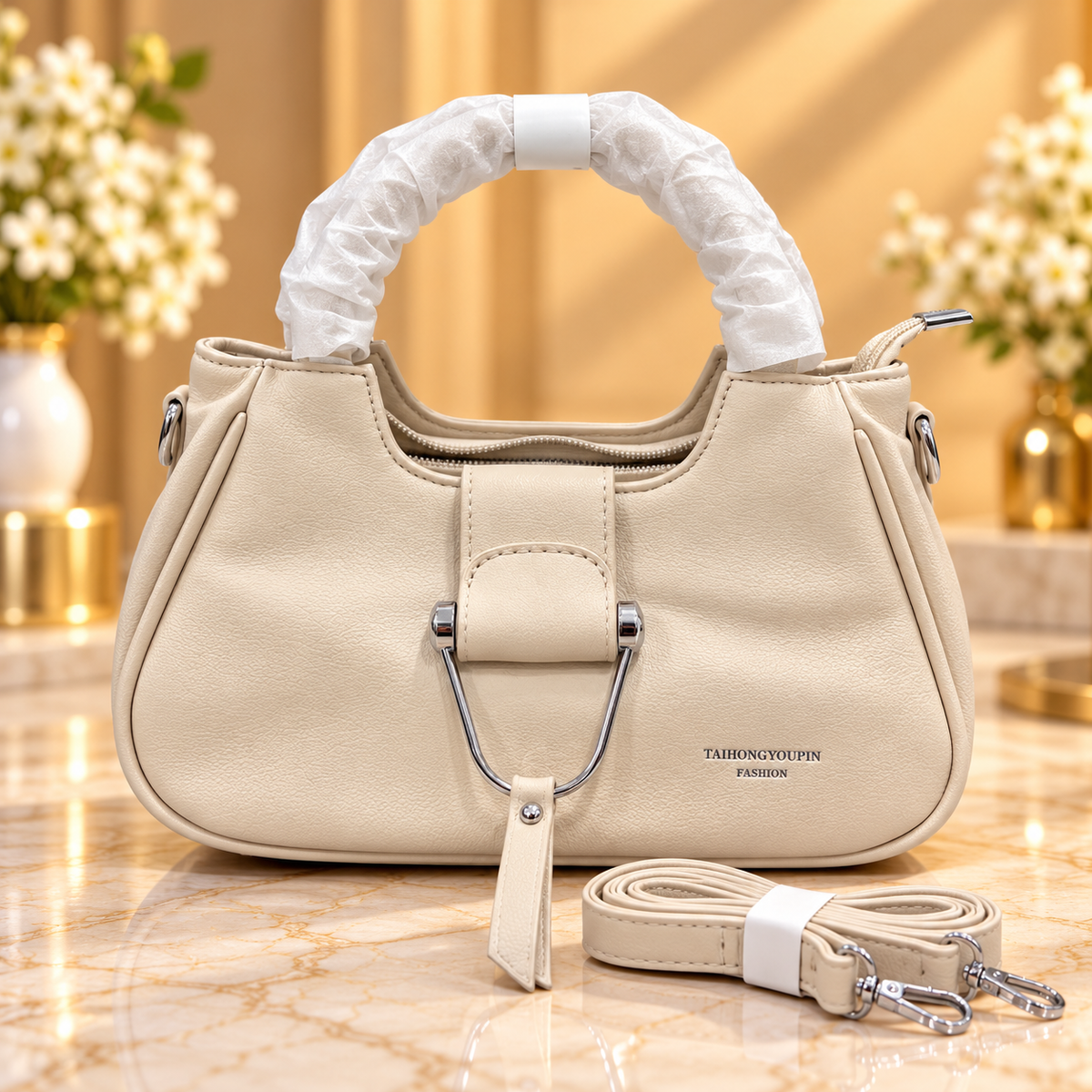 Imported Cream Handbag for Women with Detachable Shoulder Strap