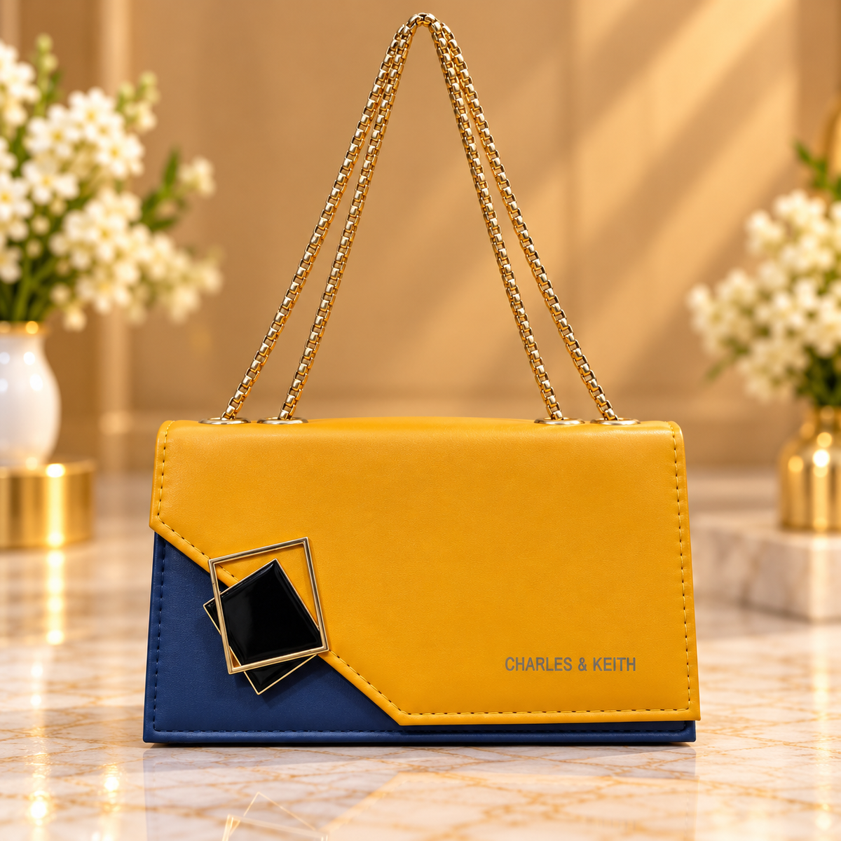 Mustard Yellow Women's Shoulder Bag with Gold Chain Strap