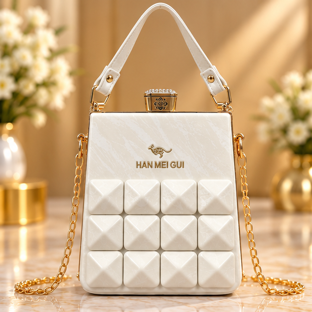 Ivory White Quilted Handbag for Women with Gold Chain Strap