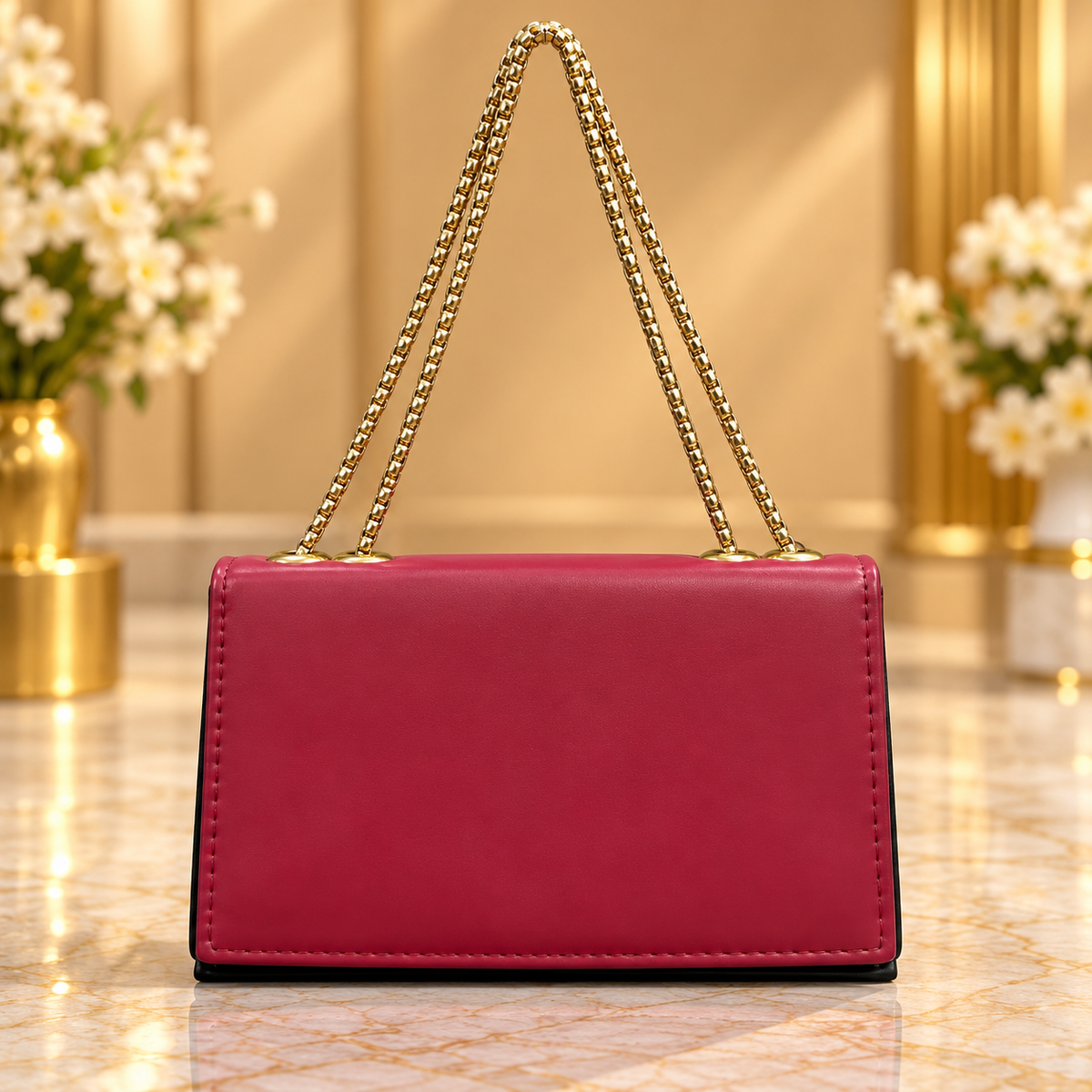 Red and Black Women's Shoulder Bag with Gold Chain Strap