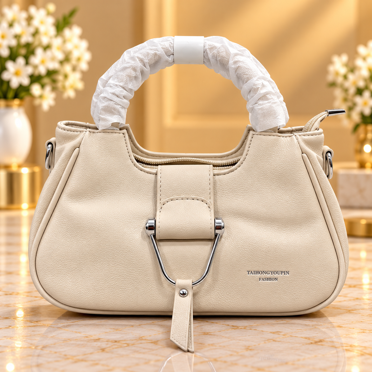 Imported Cream Handbag for Women with Detachable Shoulder Strap