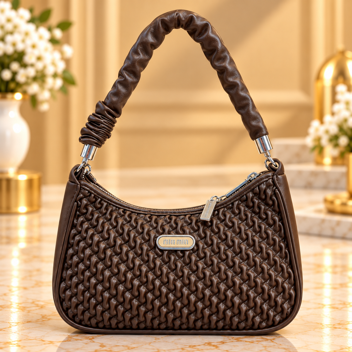 Imported Chocolate Brown Woven Handbag for Women with Detachable Strap
