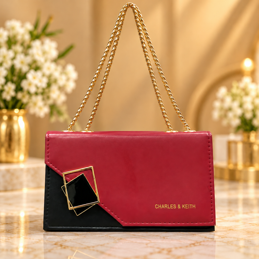 Red and Black Women's Shoulder Bag with Gold Chain Strap