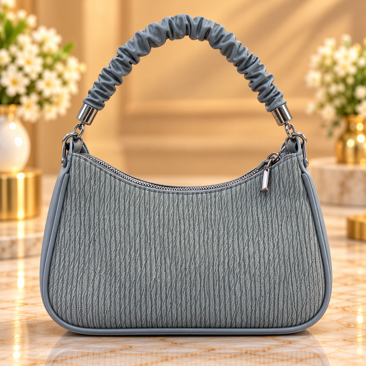 Imported Steel Grey Hobo Handbag for Women with Silver Chain