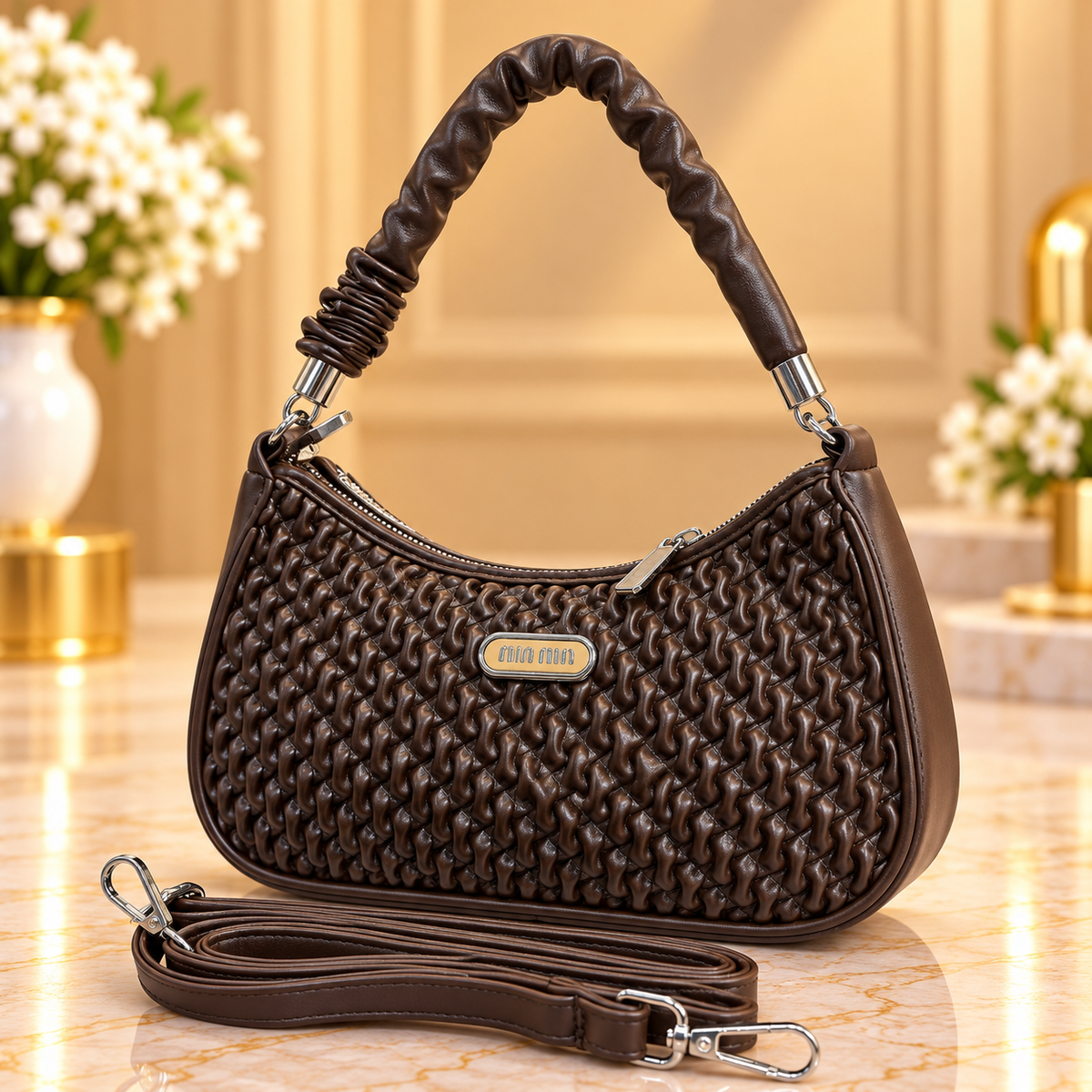 Imported Chocolate Brown Woven Handbag for Women with Detachable Strap