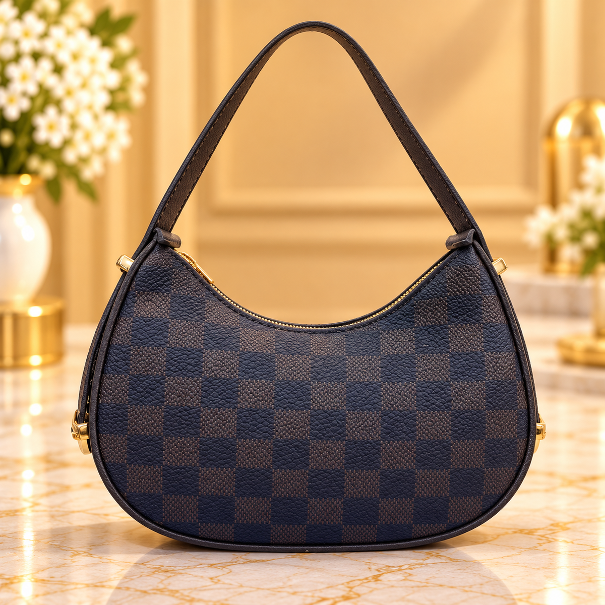 Classic Black and Chocolate Brown Checkered Handbag for Women