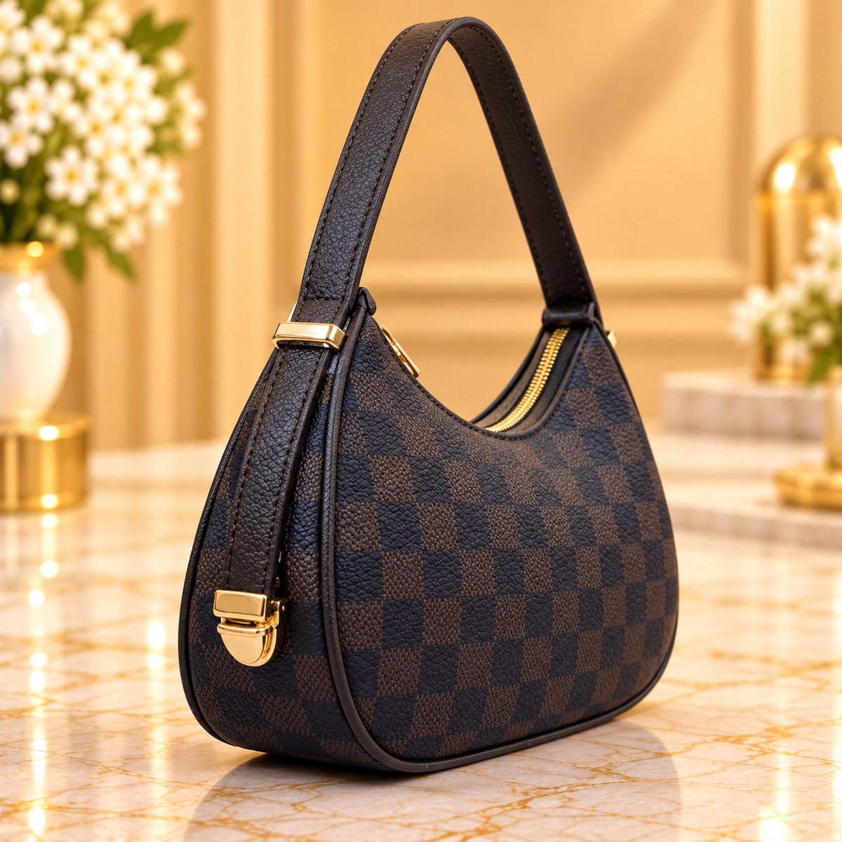 Classic Black and Chocolate Brown Checkered Handbag for Women