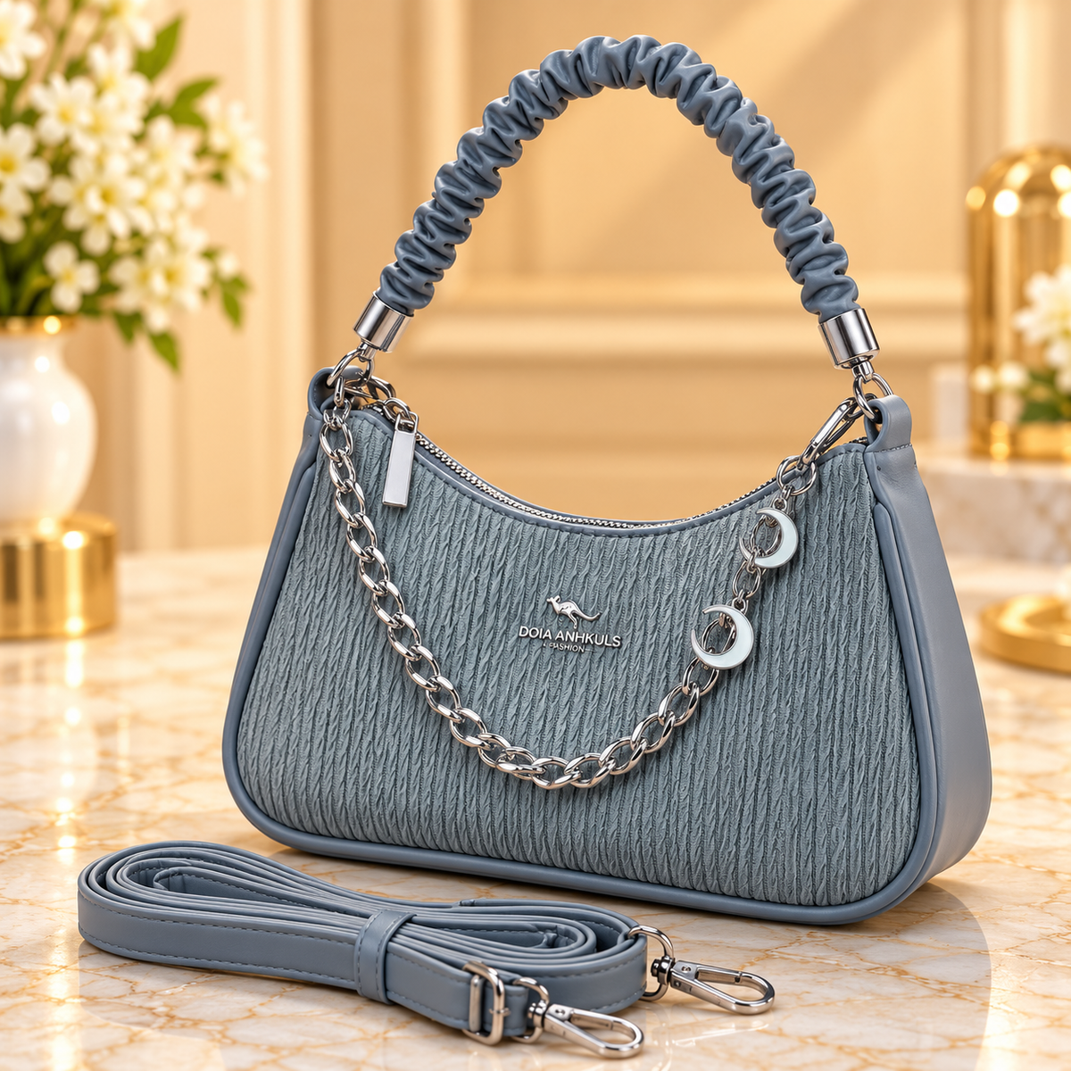 Imported Steel Grey Hobo Handbag for Women with Silver Chain