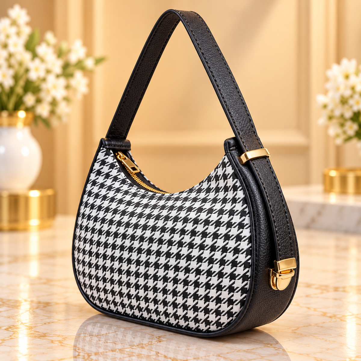 Classic Black and White Houndstooth Handbag for Women