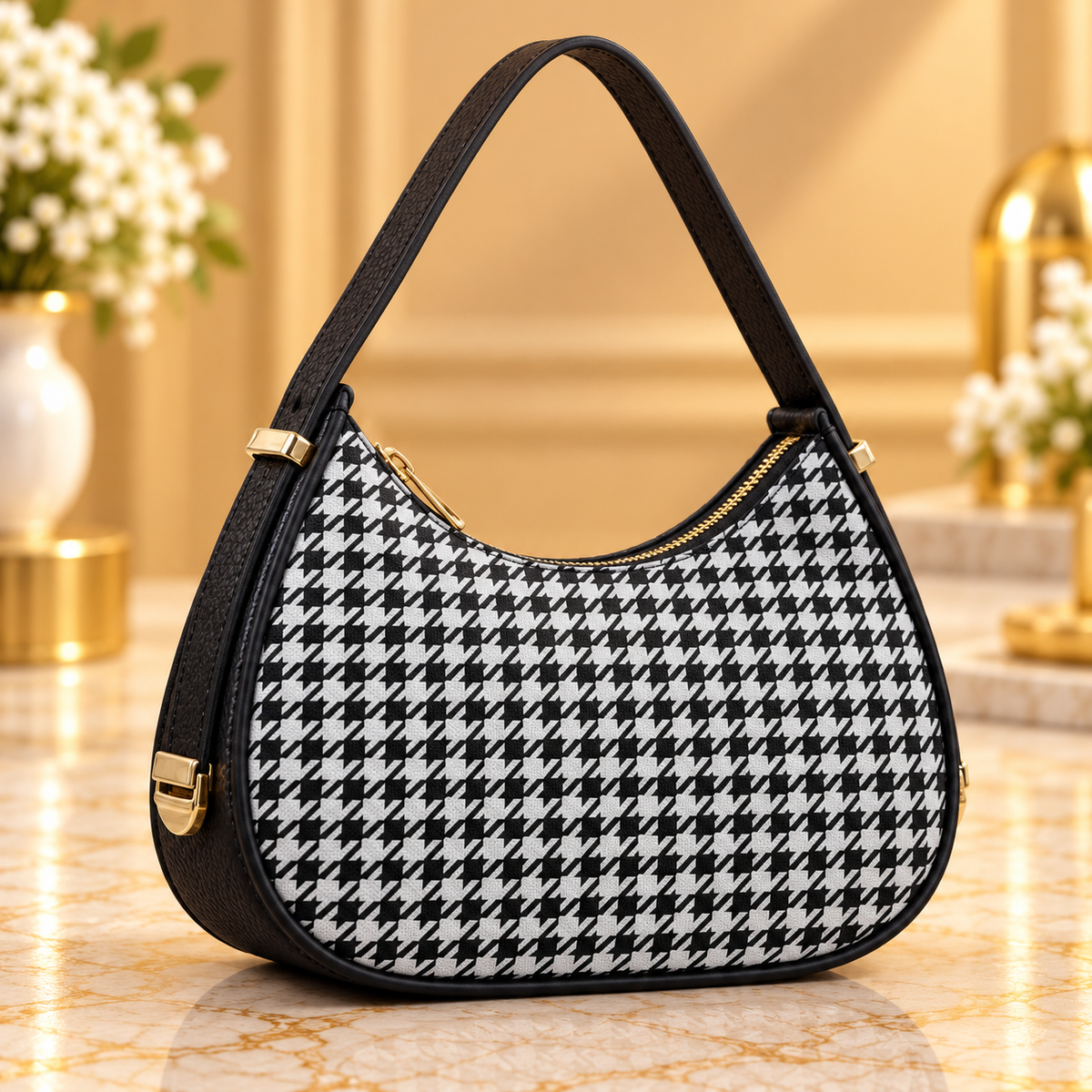 Classic Black and White Houndstooth Handbag for Women