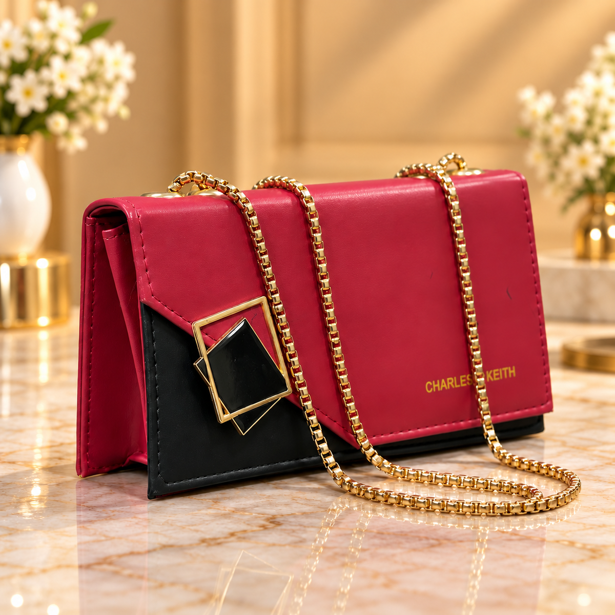 Red and Black Women's Shoulder Bag with Gold Chain Strap