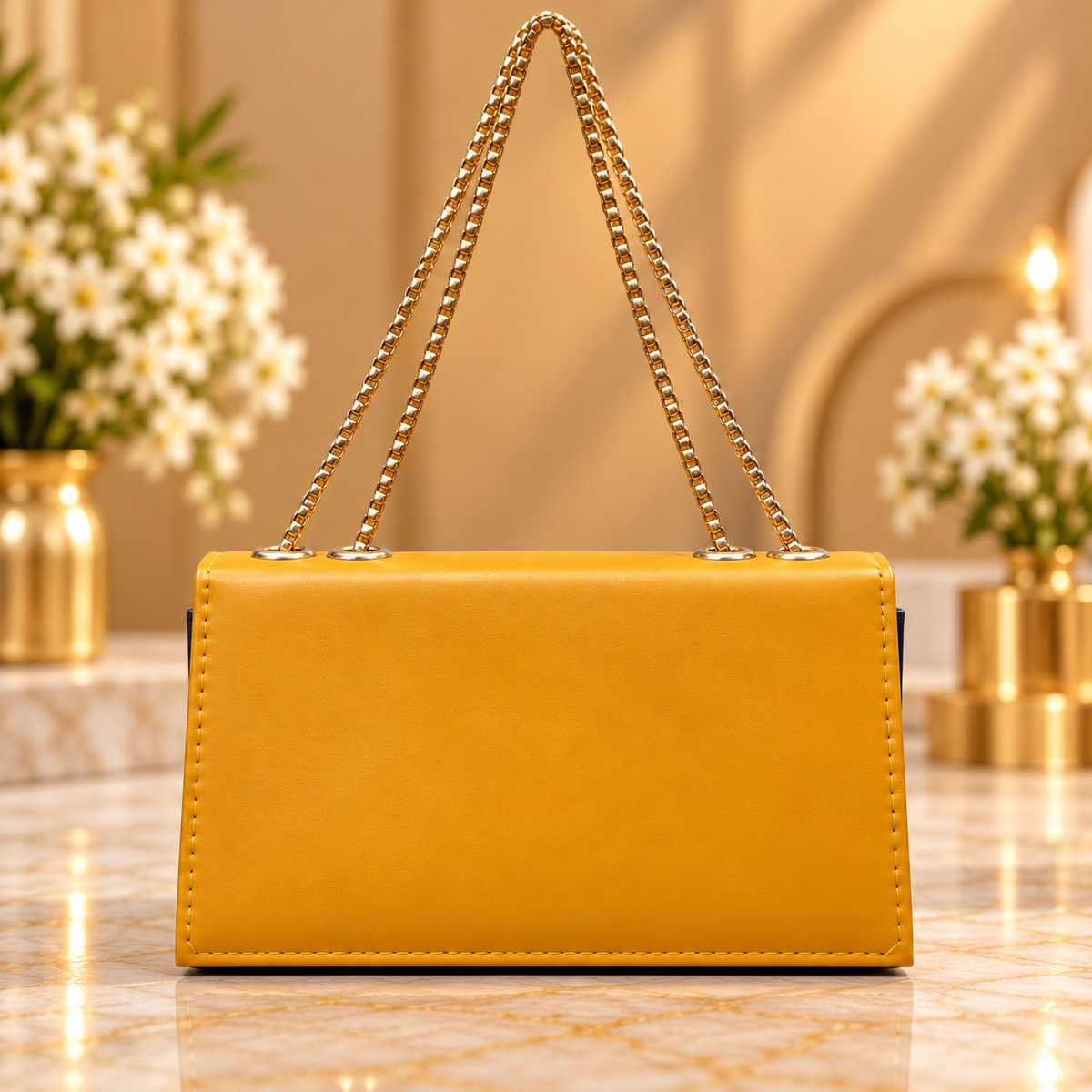 Mustard Yellow Women's Shoulder Bag with Gold Chain Strap