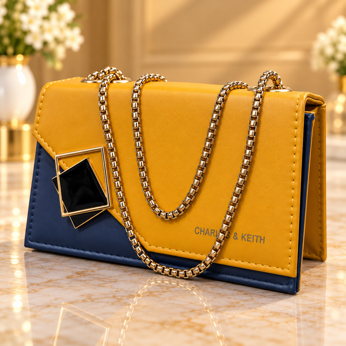 Mustard Yellow Women's Shoulder Bag with Gold Chain Strap