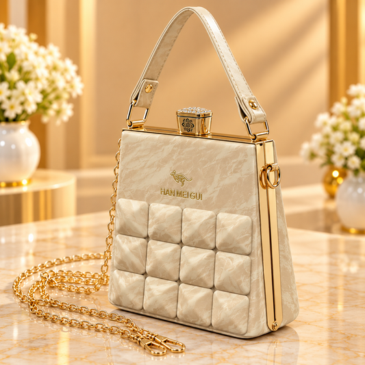 Pearl White Quilted Handbag for Women with Gold Chain Strap
