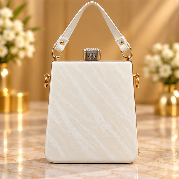 Ivory White Quilted Handbag for Women with Gold Chain Strap