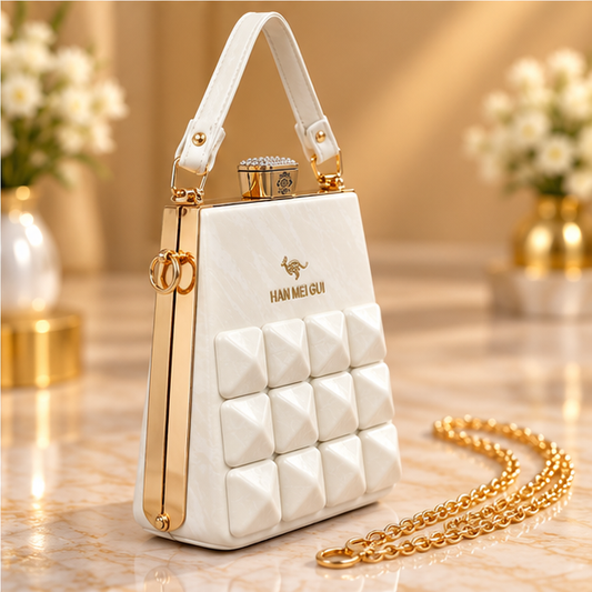 Ivory White Quilted Handbag for Women with Gold Chain Strap